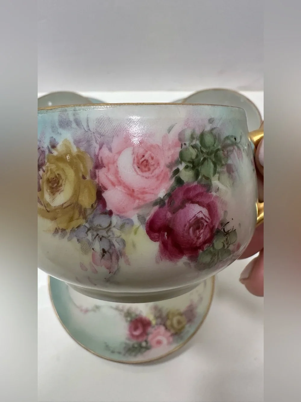 Lot Of 3 Unmarked Bavarian Style Hand Painted Porcelain Tea Cup Set Aqua Blue